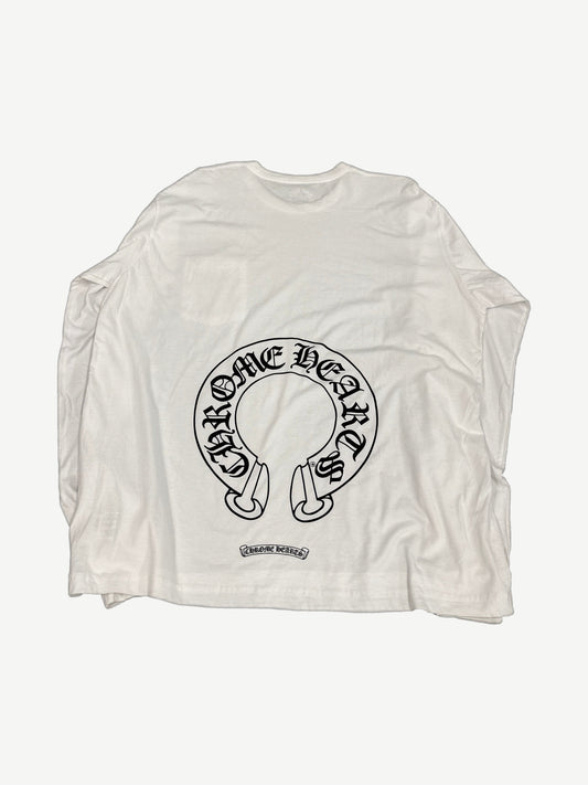 Chrome Hearts white thermal long sleeve back with black Old English horseshoe logo and pink floral print