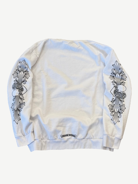 Back of Chrome Hearts white Love You crewneck showing matching floral cross sleeve prints and logo tag.