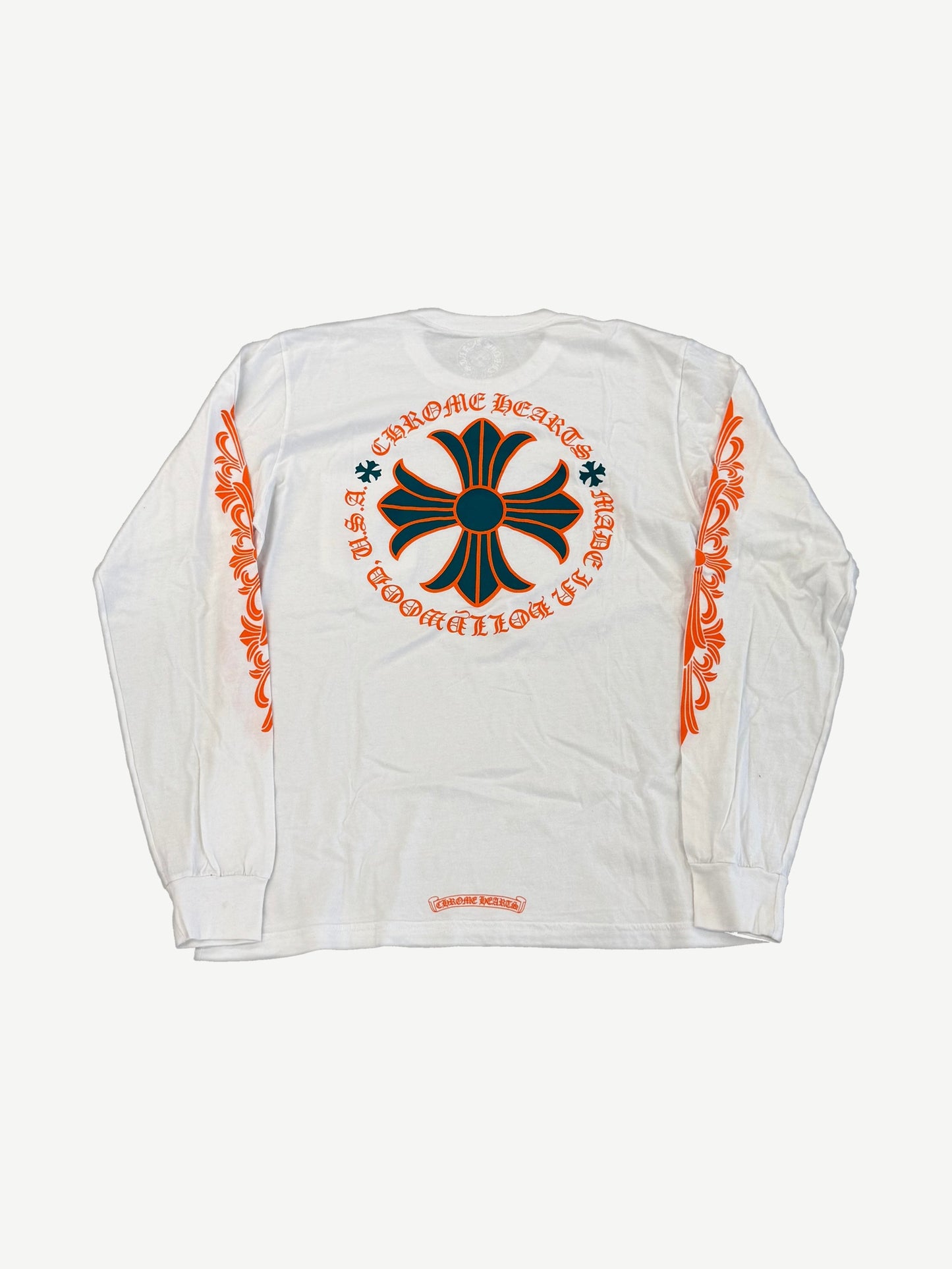Chrome Hearts white Miami Art Basel longsleeve back view with large orange cross and arch logo print