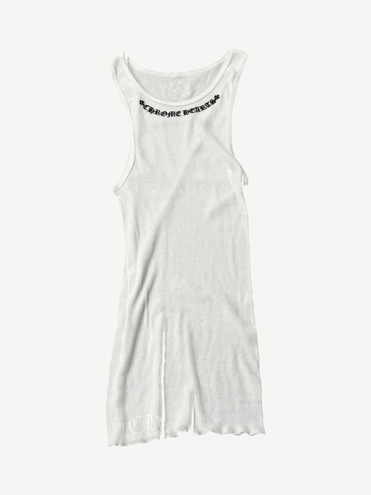Chrome Hearts white ribbed tank top front with gothic neckline scroll logo and lettuce-edge cotton hem