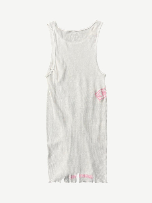 Chrome Hearts white ribbed tank back with small pink Chrome Hearts cross stamp and frayed hem