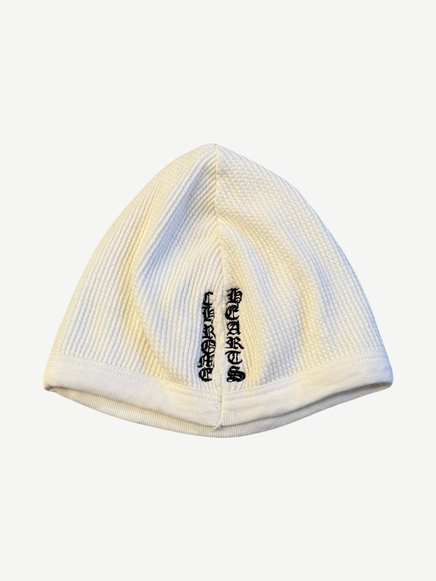 Chrome Hearts white knit cross skull cap side, gothic Chrome Hearts script embroidery on waffle knit