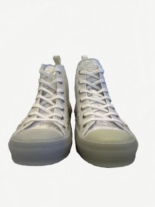 Dior B23 white high-top sneakers front pair view showing translucent monogram upper and laces