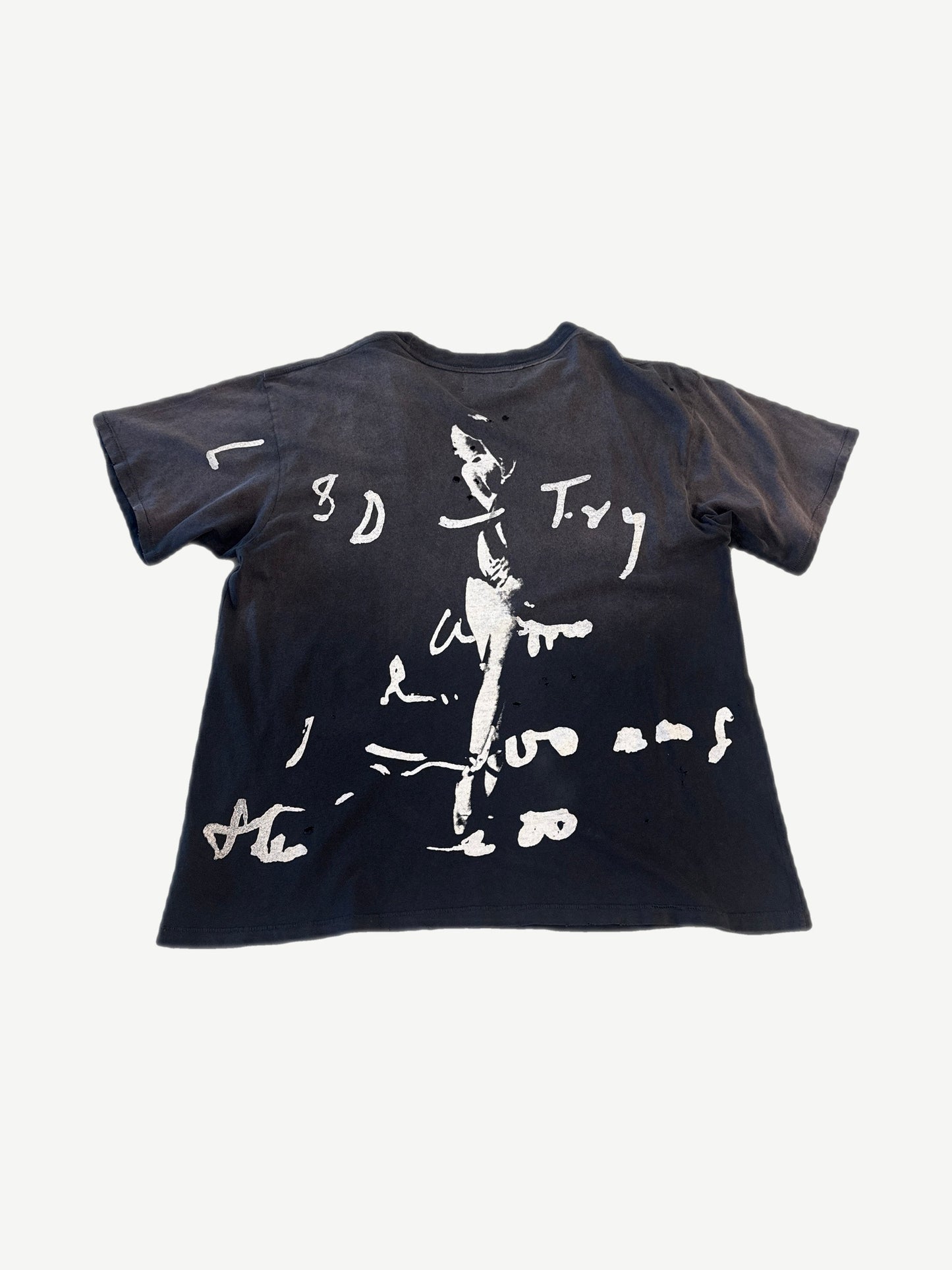 Back of Enfants Riches Deprimes faded black tee with white handwritten scrawl and ballerina figure print