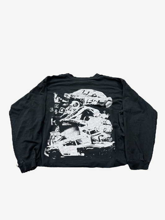 Enfants Riches Deprimes Demolition Derby longsleeve back view in faded black cotton with stacked crash car graphic