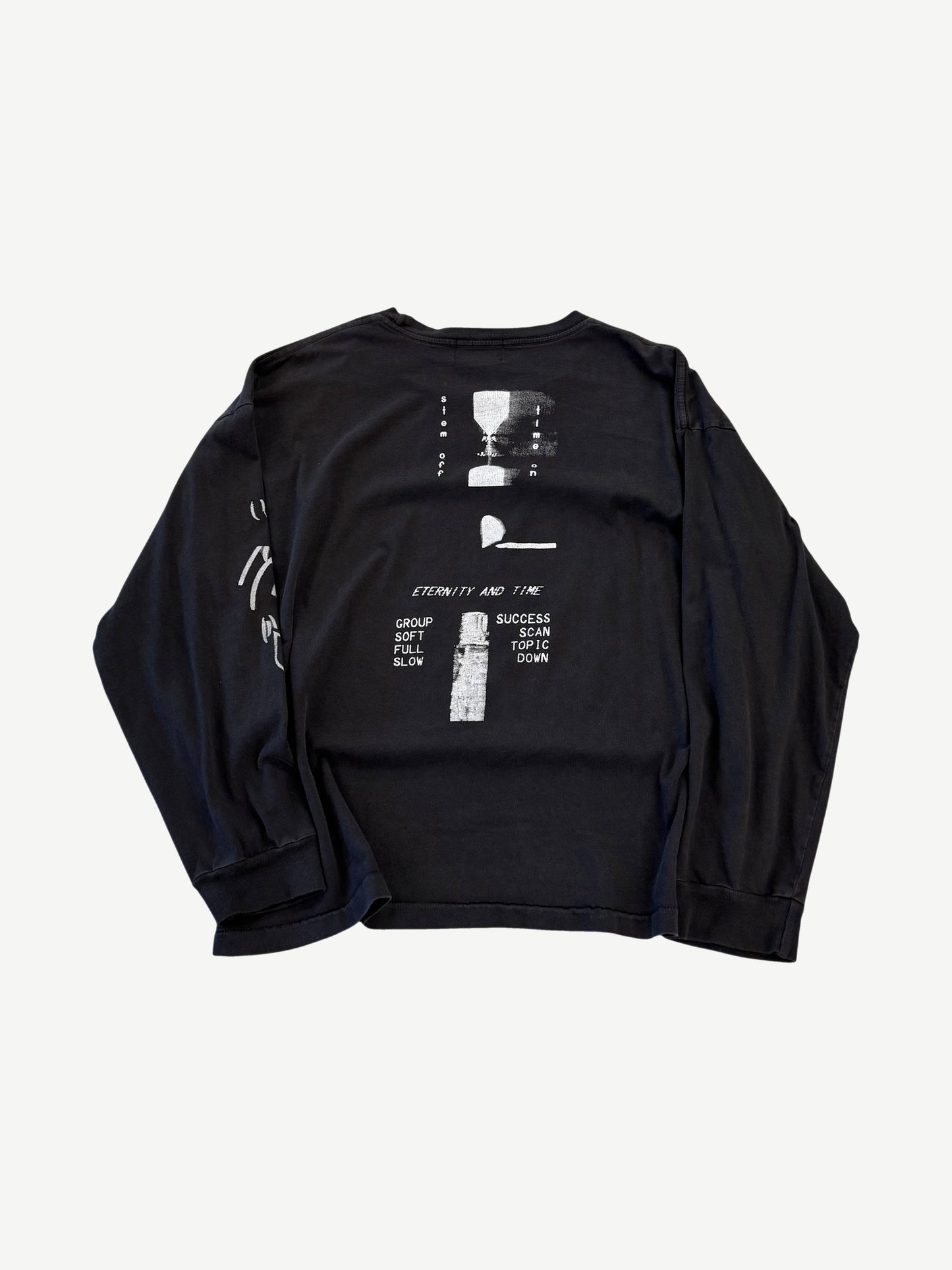 Enfants Riches Deprimes Eternity and Time longsleeve, back view with hourglass print and text grid