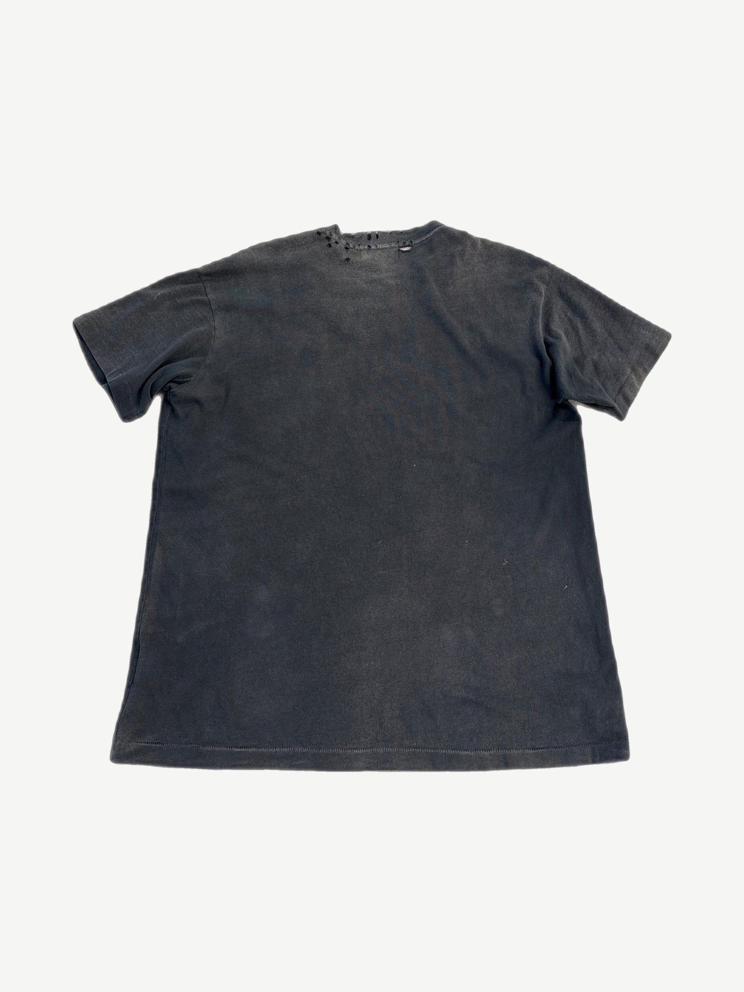 Enfants Riches Deprimes distressed gray pocket logo tee back, shredded collar and faded body
