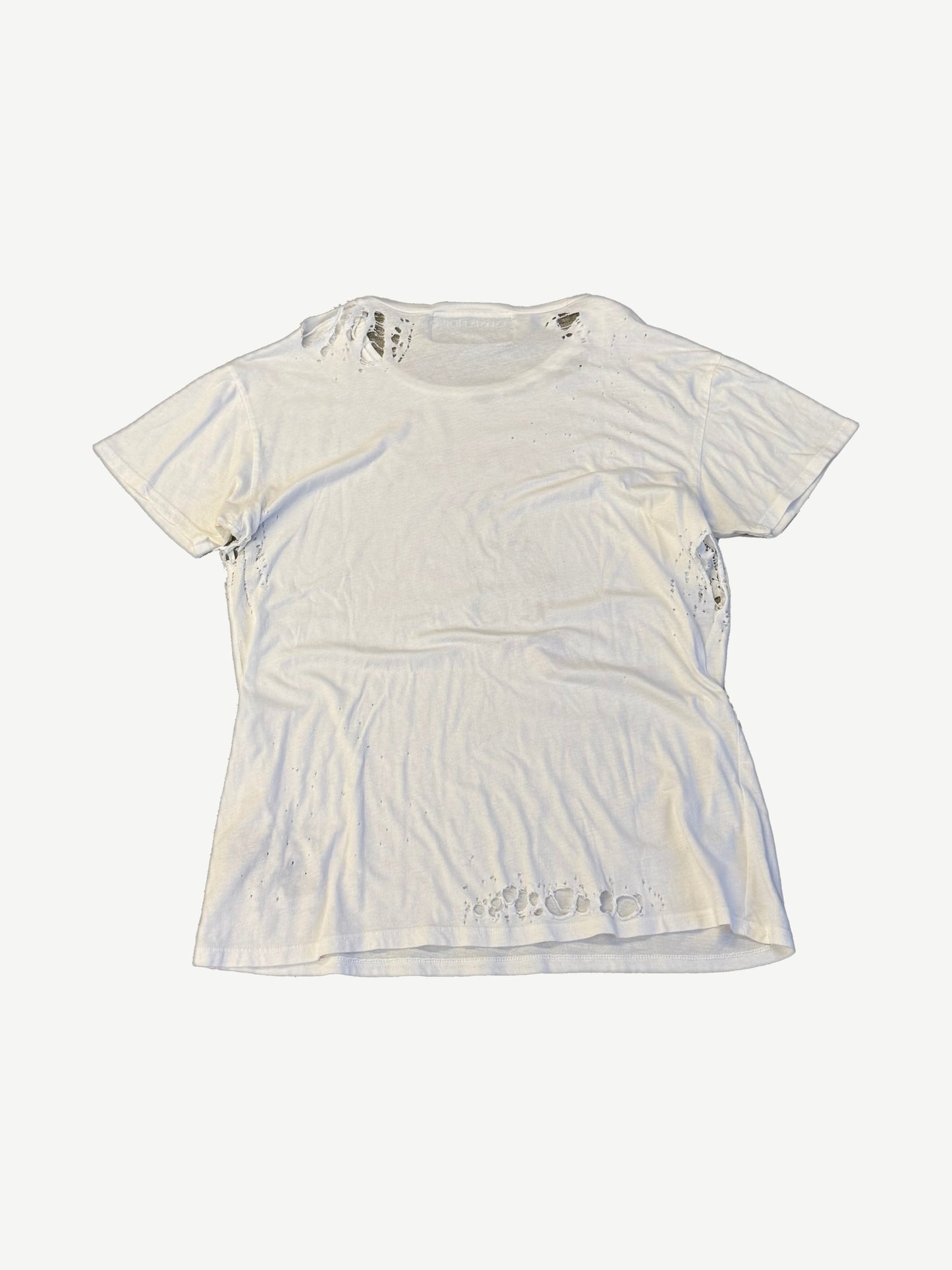 Enfants Riches Deprimes tee back view in heavily distressed white cotton with shoulder and hem holes.