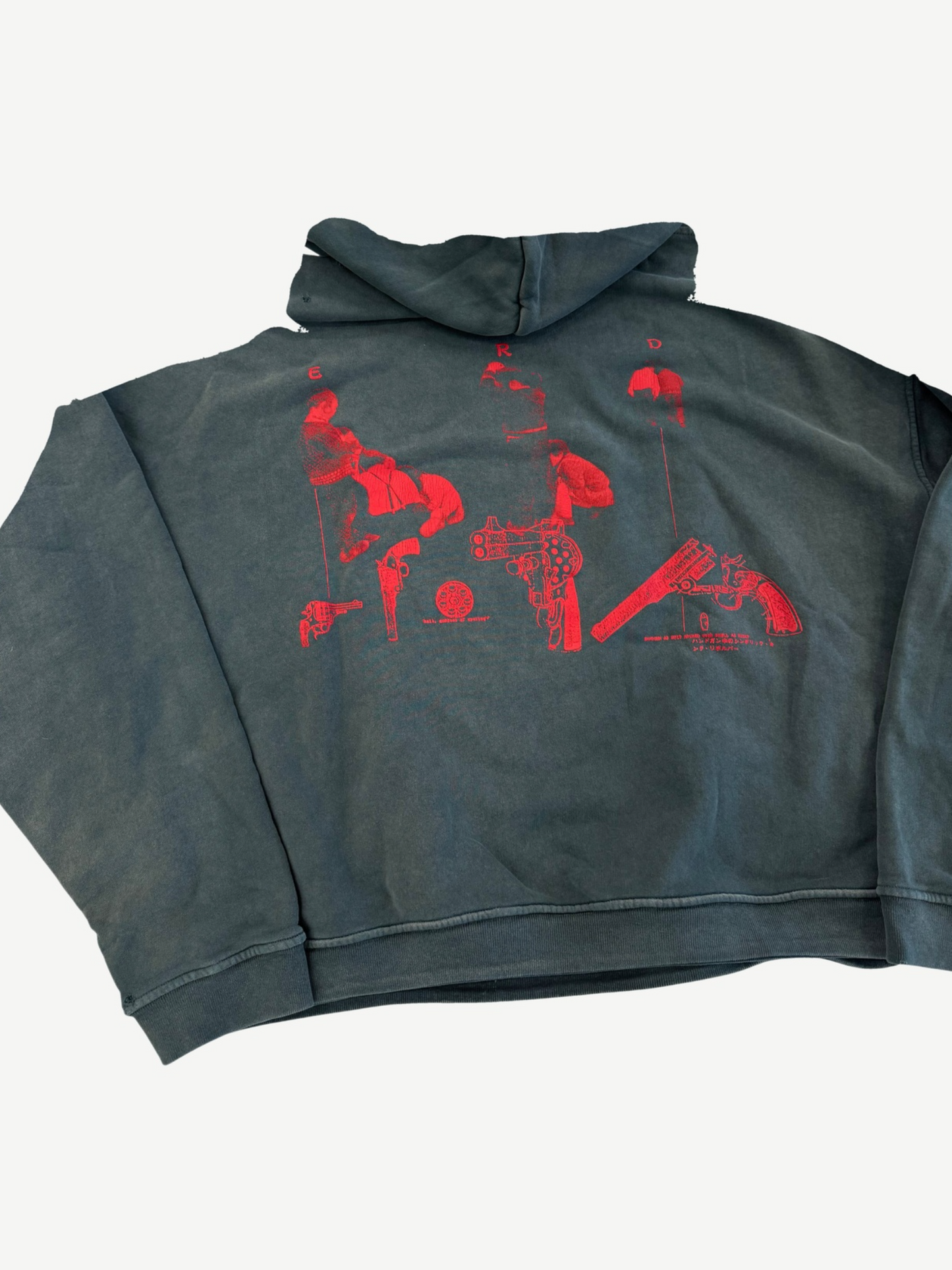 Enfants Riches Deprimes Psychotherapie hoodie cropped back view in washed black with detailed red graphic print