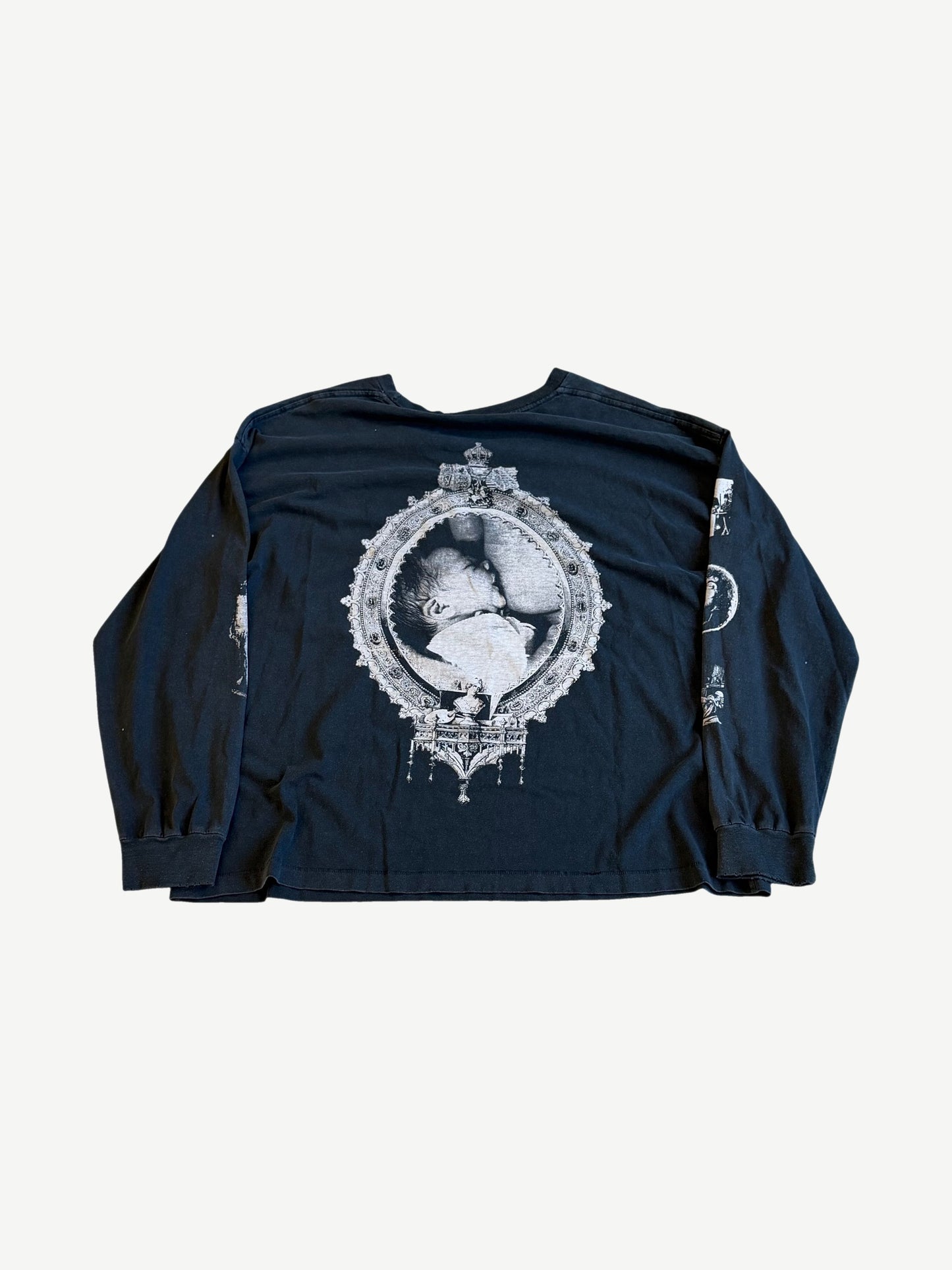 Back of Enfants Riches Deprimes black Latency longsleeve with ornate framed portrait illustration print.