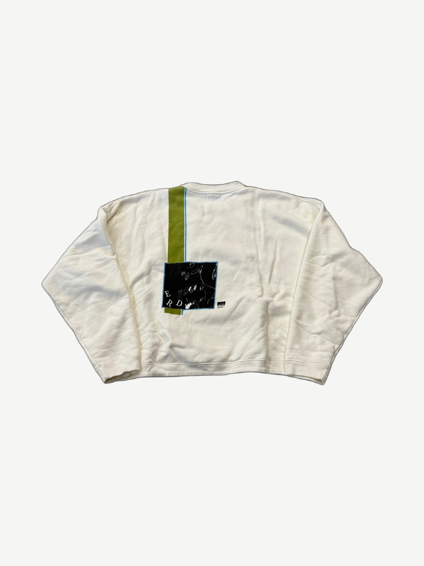 Enfants Riches Deprimes white Sybil 7 crewneck back with green stripe and black ERD collage patch