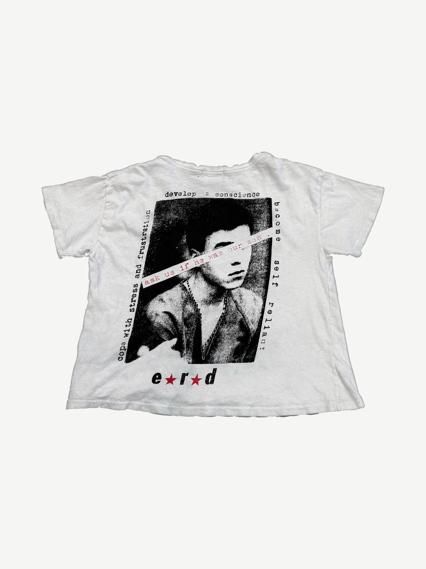 ERD Teen Just Wanted Love tee back with B&W teen portrait and red ERD star logo print