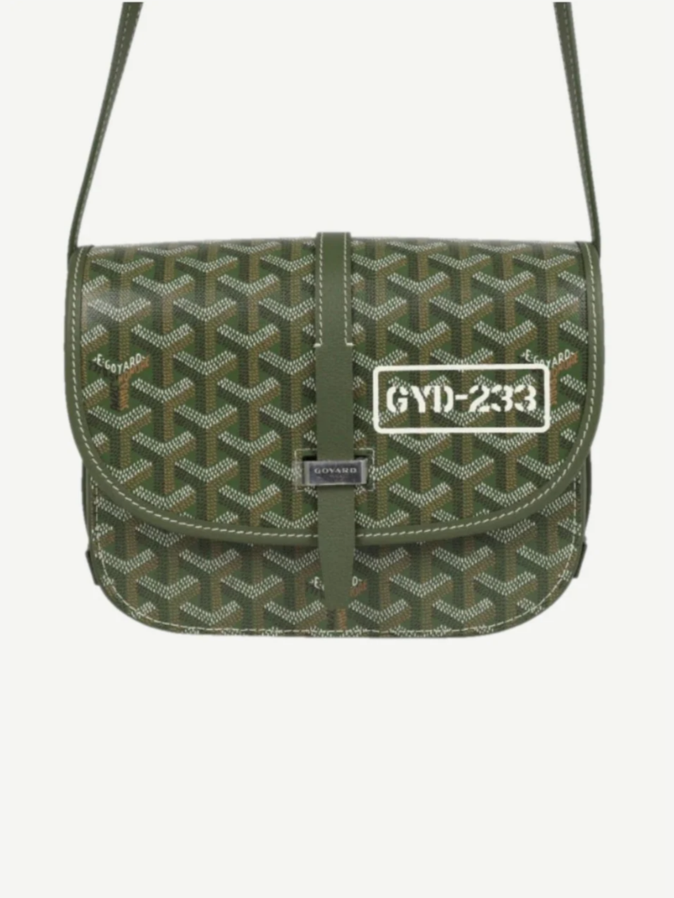 Goyard Belvedere PM khaki shoulder bag with signature Goyardine chevron coated canvas and tan leather trim.