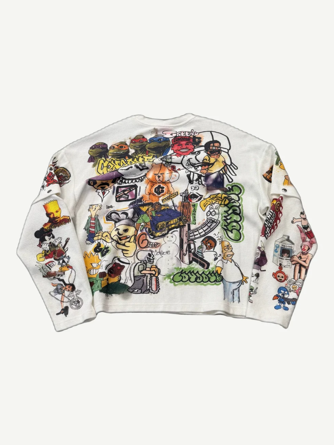 Back of Greedy Unit cream thermal longsleeve with cartoon graffiti-style allover marker illustration print