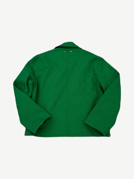 Louis Vuitton green monogram workwear jacket back view with tonal LV embossed monogram covering the body