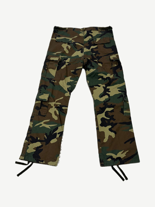 GV Gallery Raspberry Hills camo cargo pants back view with woodland print, cargo pockets and drawstring hem