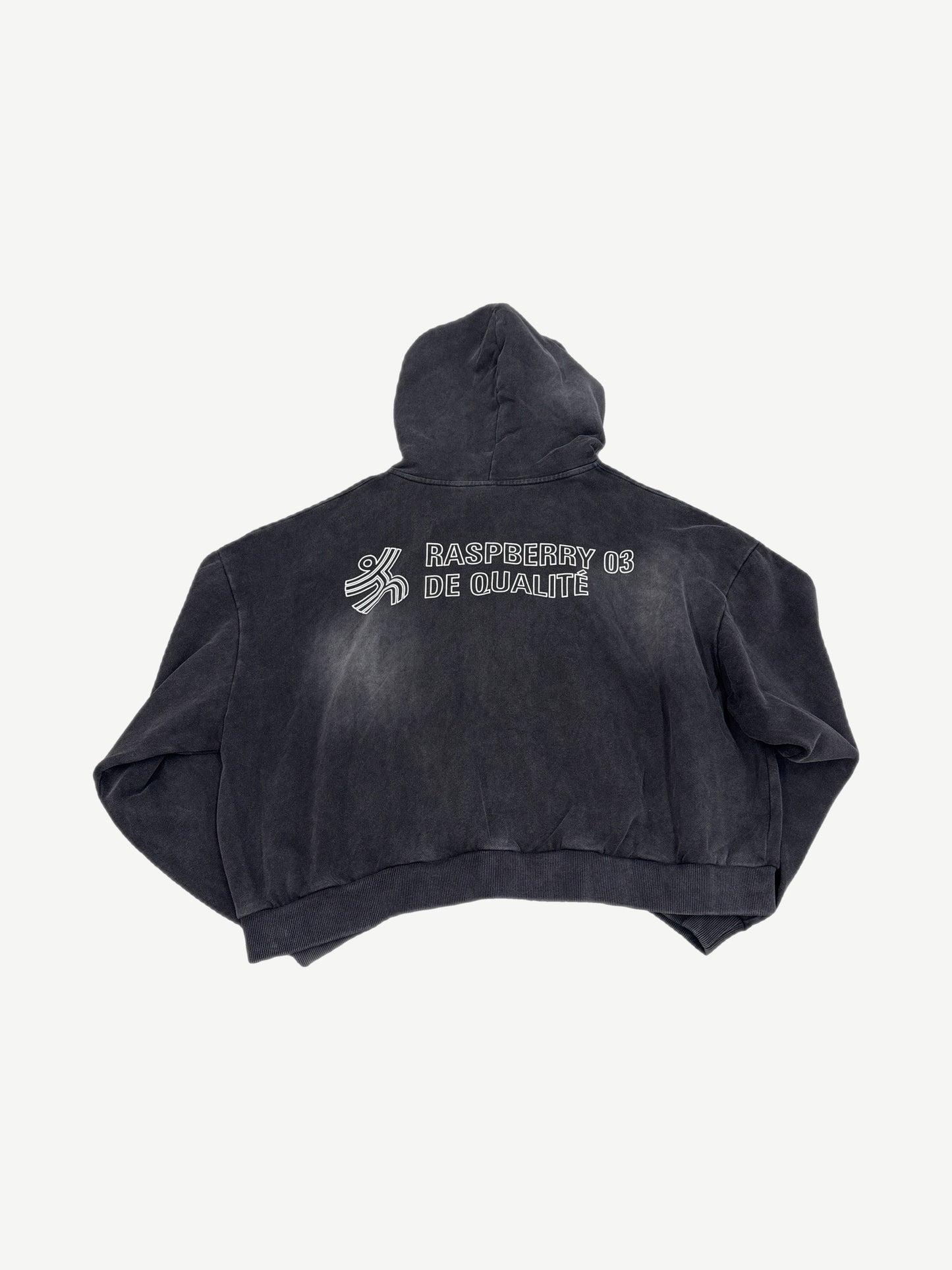 Raspberry Hills Eclair zipup hoodie back view with Raspberry 03 De Qualite print on faded black fleece