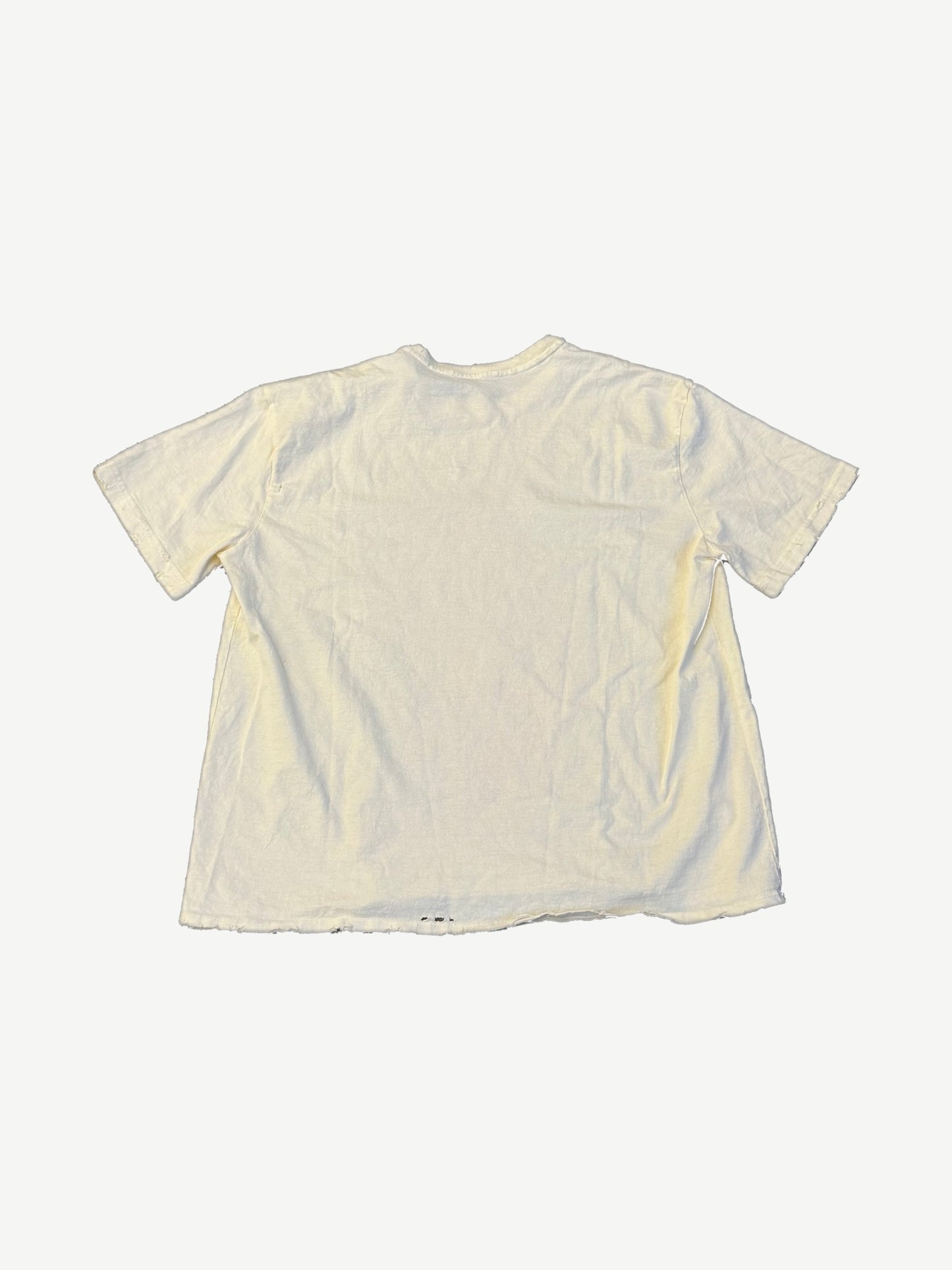 GV Gallery Raspberry Hills Sonic tee back, blank distressed cream cotton with frayed hem and ribbed crew neck