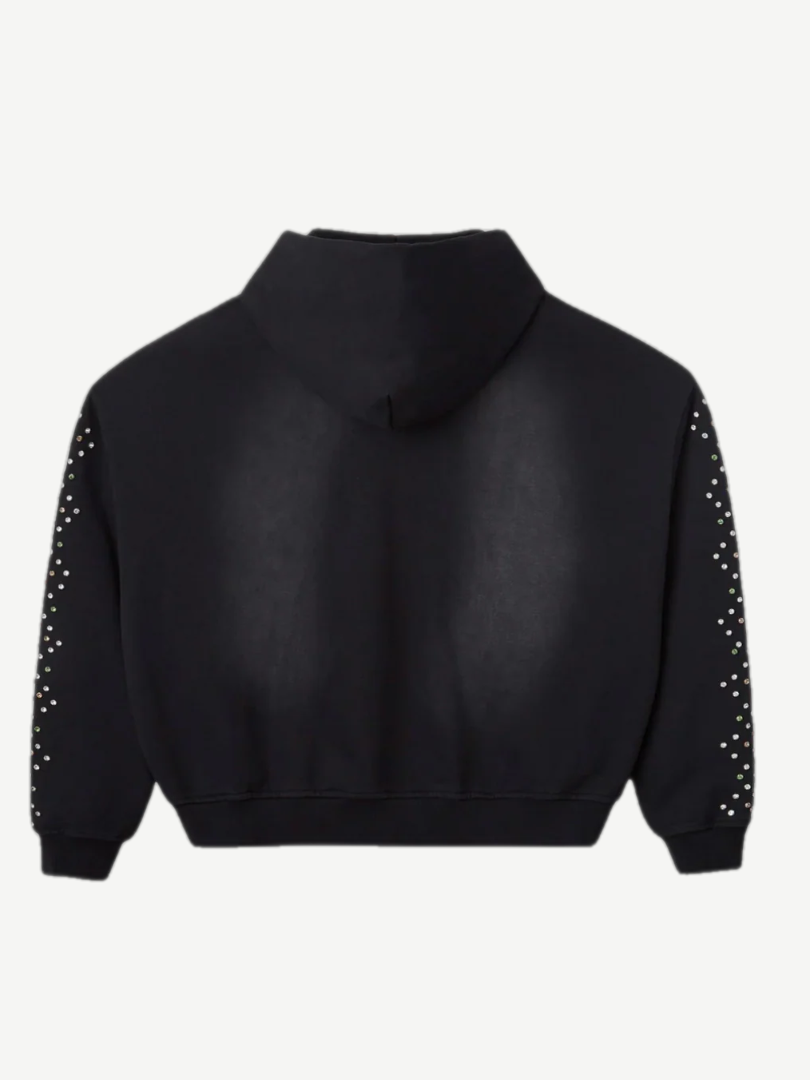 HMDD black crystal zip-up hoodie back view, dense rhinestone embellishment covering the entire body and sleeves.