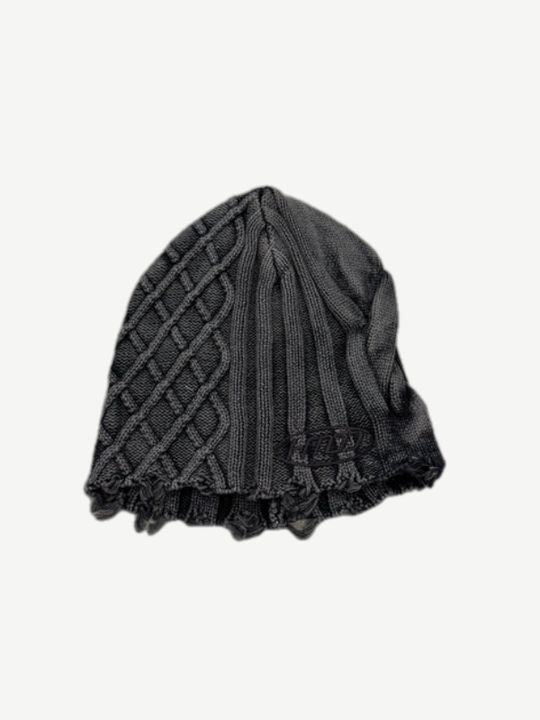 HMDD Happy Memories Don't Die black cable-knit beanie with diamond textured stitch and cuffed rolled brim.