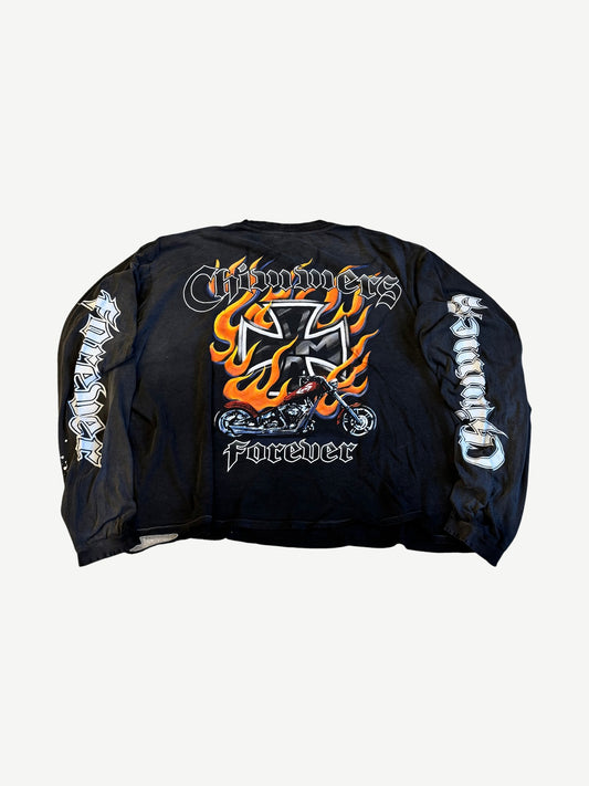 Back of HMDD black longsleeve with Choppers Forever flaming iron cross motorcycle graphic in orange