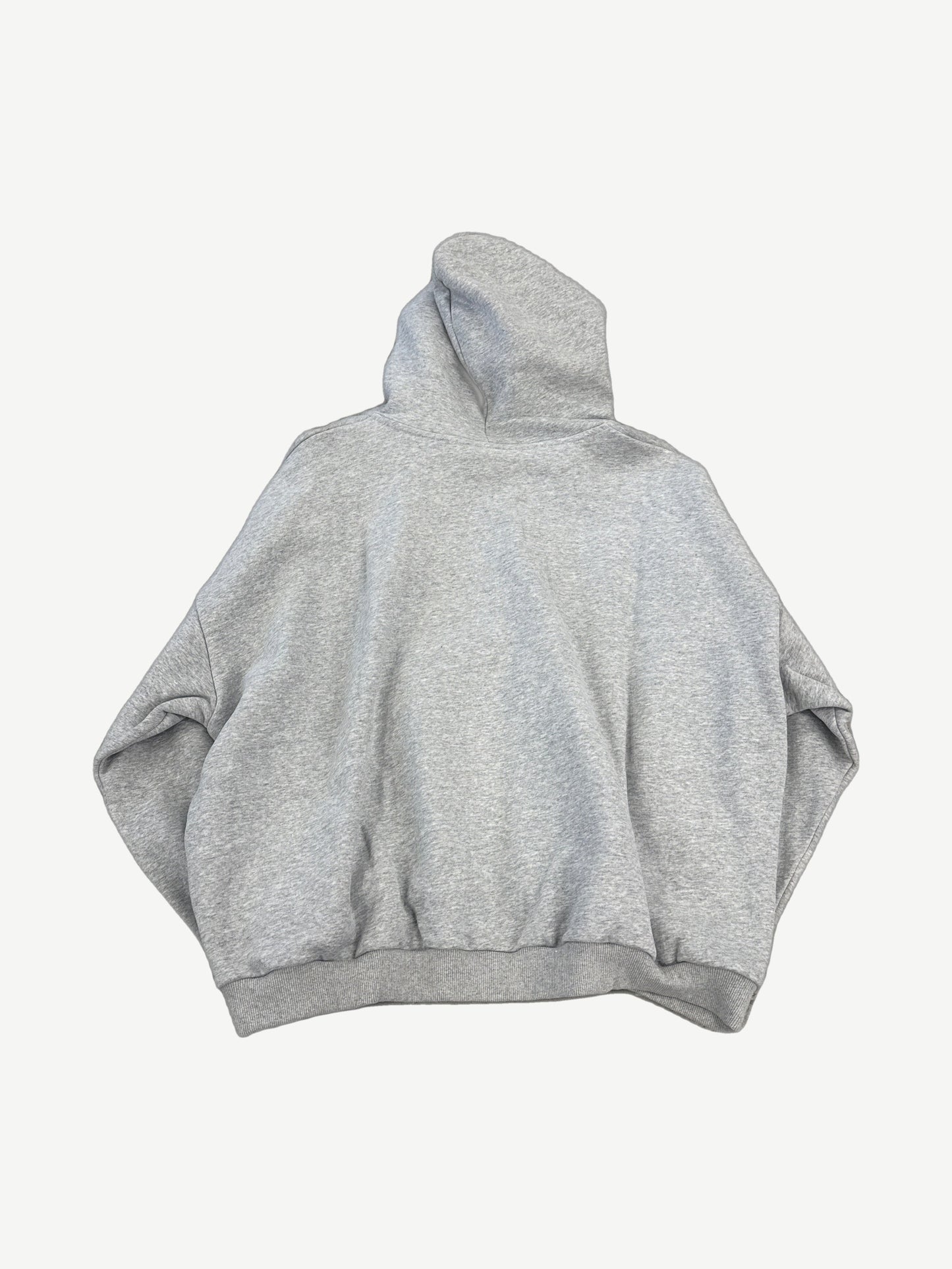 HMDD gray Chimstone zipup hoodie back view in heather gray fleece with oversized fit and ribbed hem