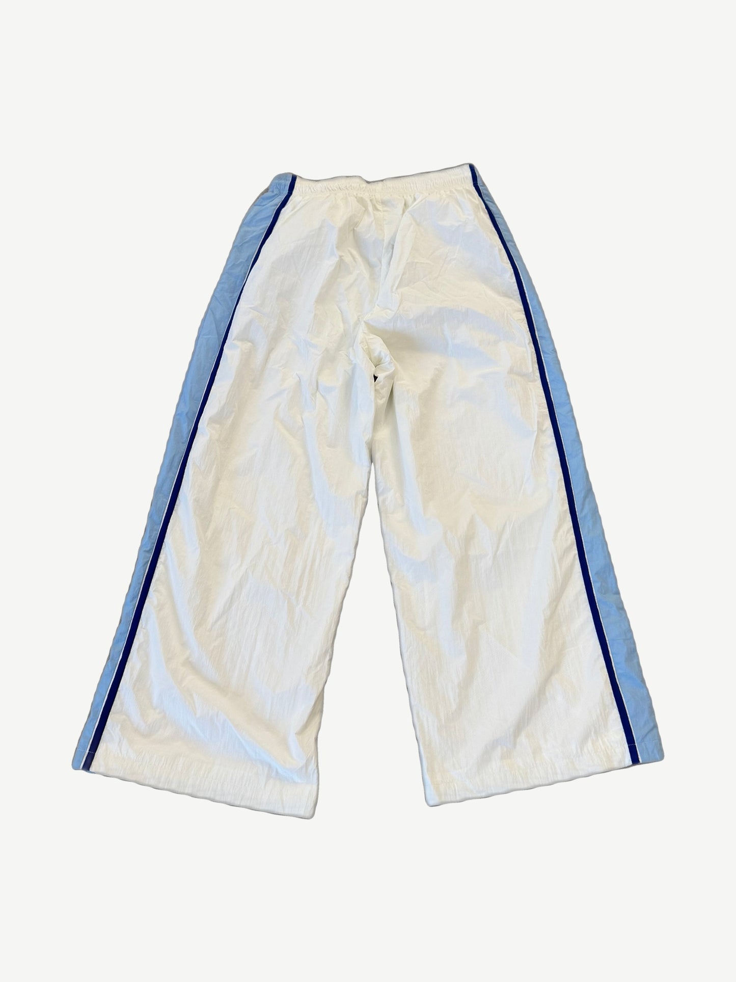 HMDD Luxembourg nylon track pants back, white wide-leg with blue piping and memories print