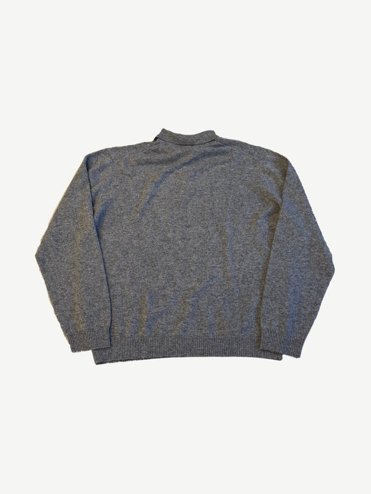 Miu Miu heather gray cashmere polo sweater back view, plain knit with ribbed cuffs and hem