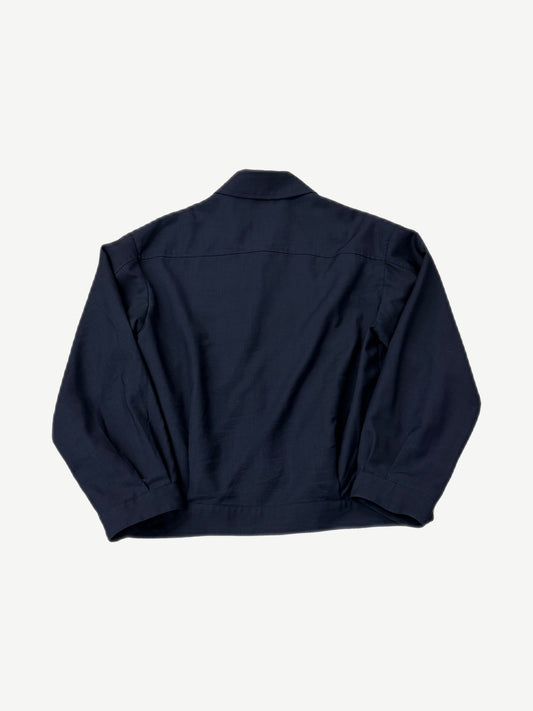 Miu Miu navy blouson jacket back view in mohair wool with clean yoke seam and button cuffs.