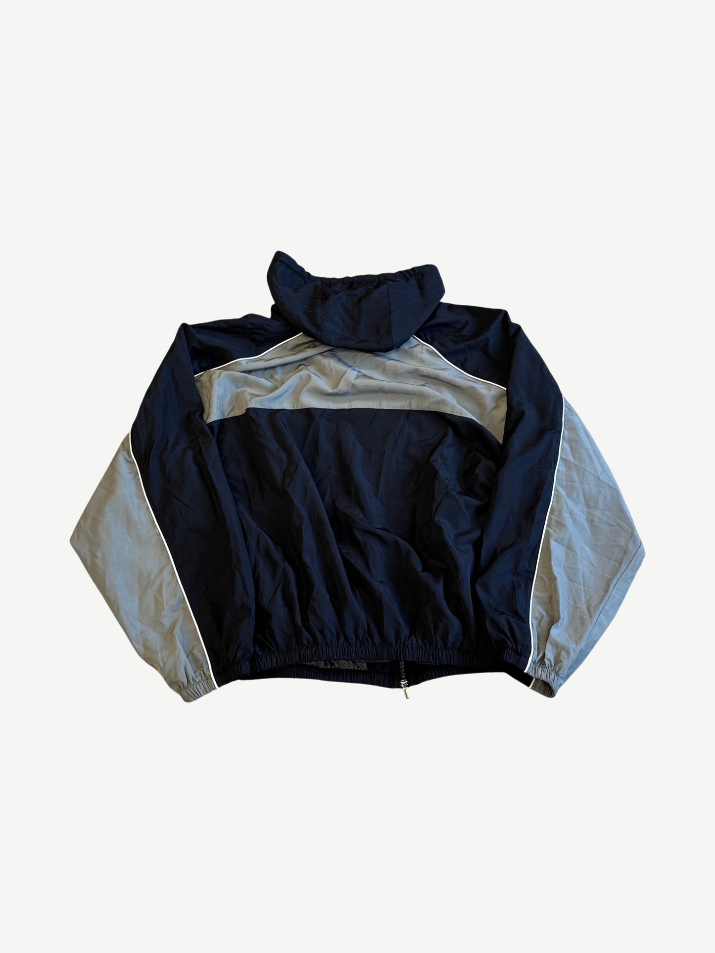 Miu Miu technical silk zip blouson back in navy and grey with raglan shoulder panels and elastic hem