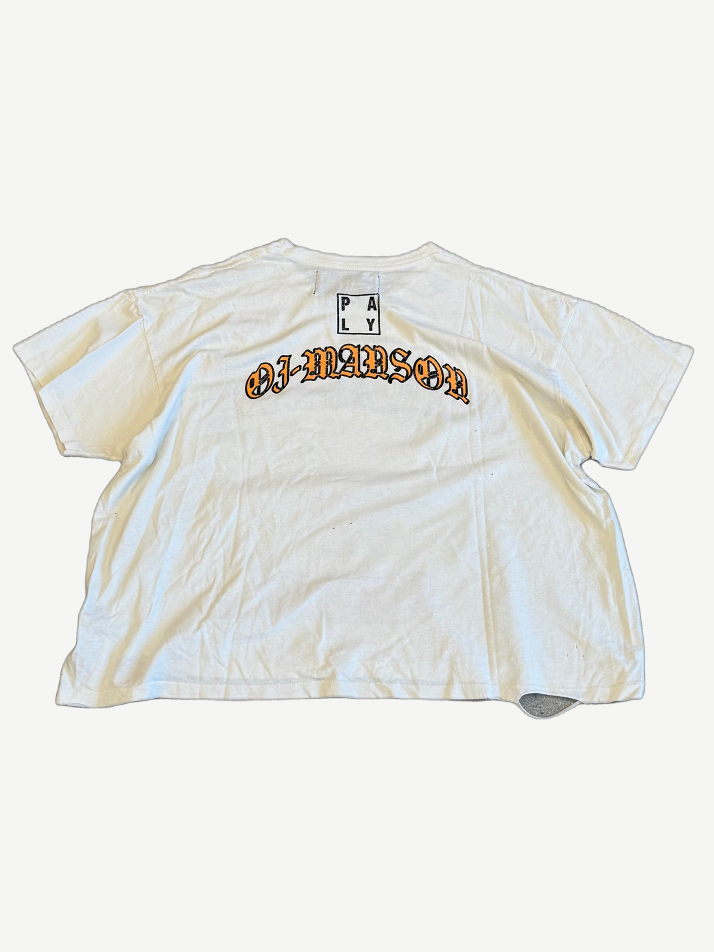 Paly Hollywood cream tee back with gothic OJ-Manson arched text print and small Paly logo
