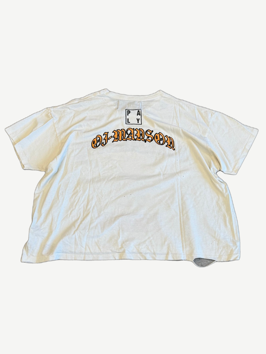 Paly Hollywood cream tee back with gothic OJ-Manson arched text print and small Paly logo