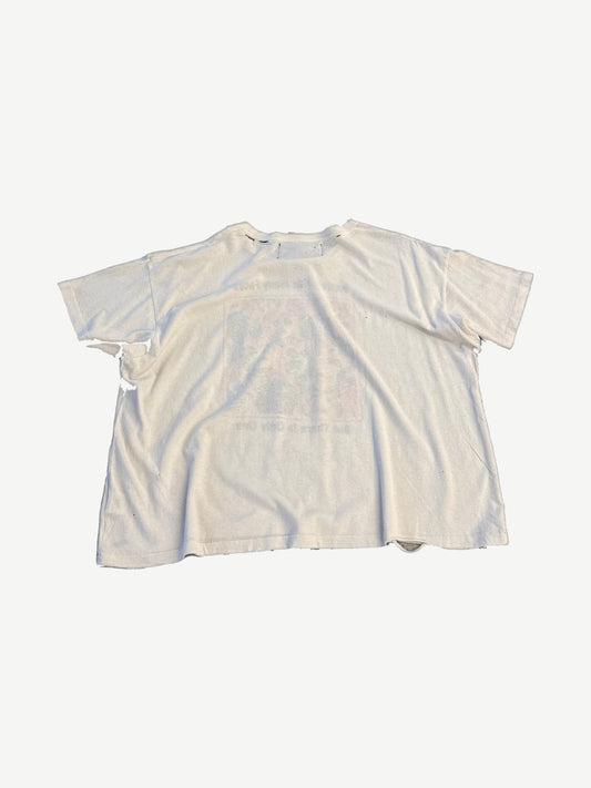 Paly Hollywood Anxiety tee back view in distressed white cotton with thrashed edges and visible holes