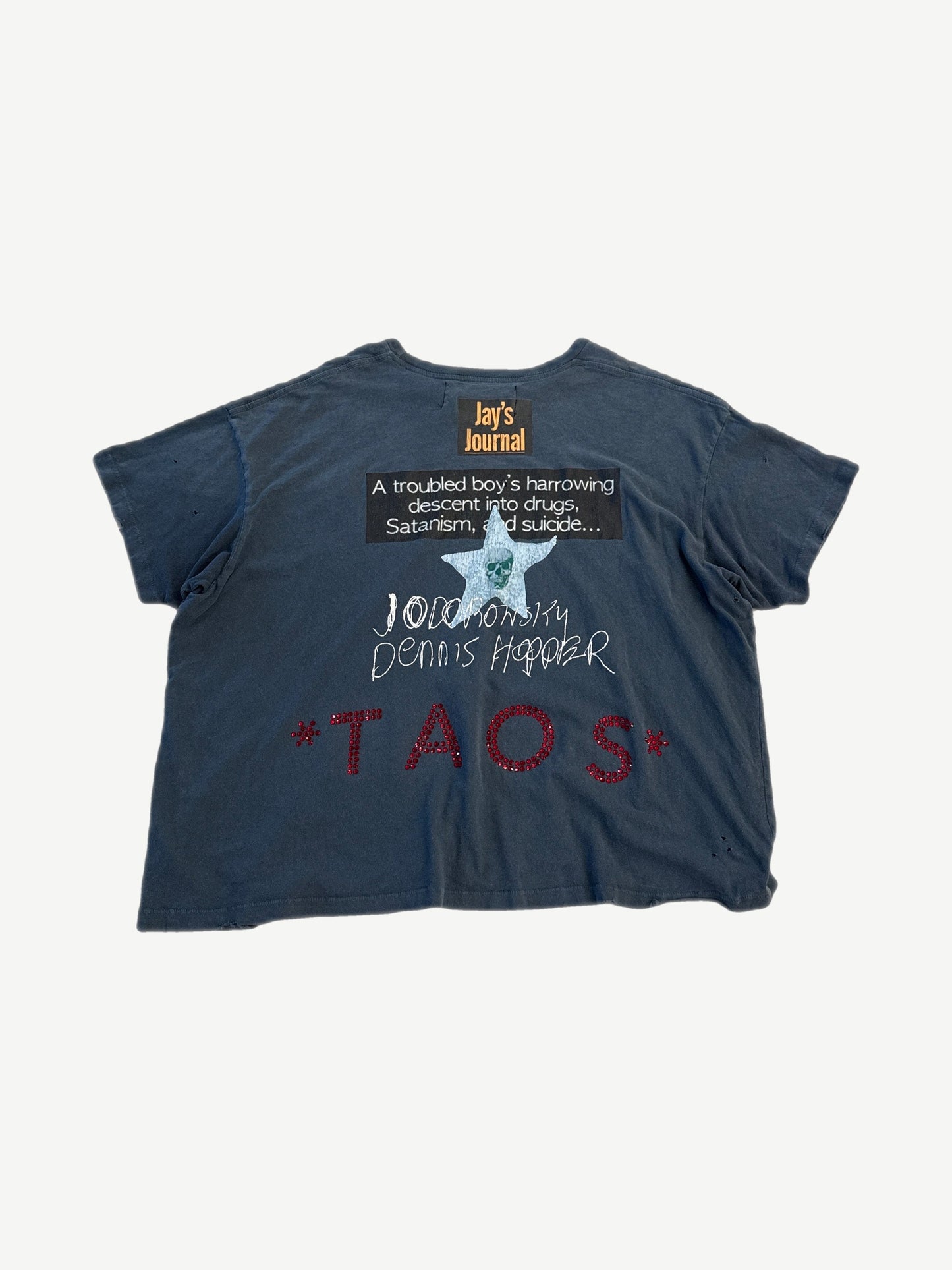 Paly Hollywood Ask Alice distressed navy tee back with Jay's Journal skull star and sequin TAOS graphic.