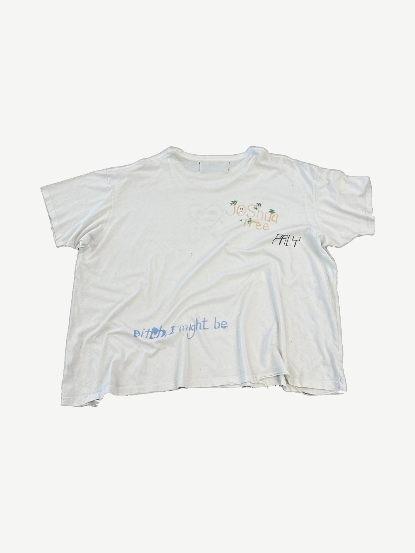 Paly Hollywood white cotton tee back view with raw faded edges and scattered sketch marks on jersey