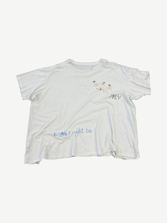 Paly Hollywood white cotton tee back view with raw faded edges and scattered sketch marks on jersey