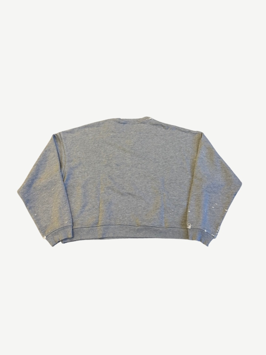 Paly Hollywood Mythss crewneck back view showing heather gray fleece with cropped boxy shape.