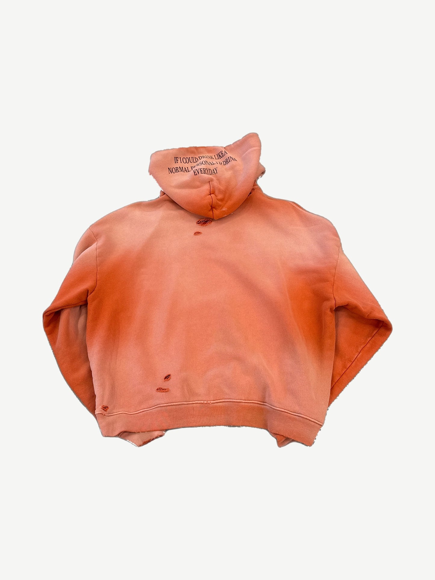 Paly Hollywood orange sun faded distressed hoodie back with text print at hood opening.
