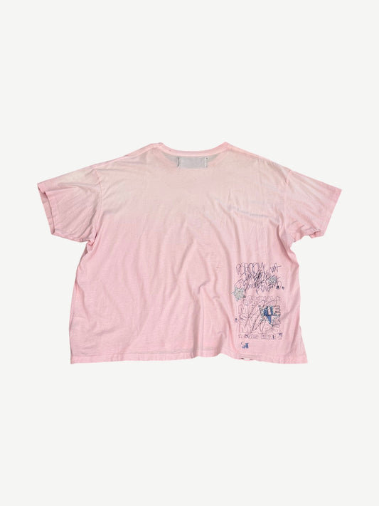 Paly Hollywood pink tee back view with hand-drawn scribble Movie Stars graphic at lower right hem