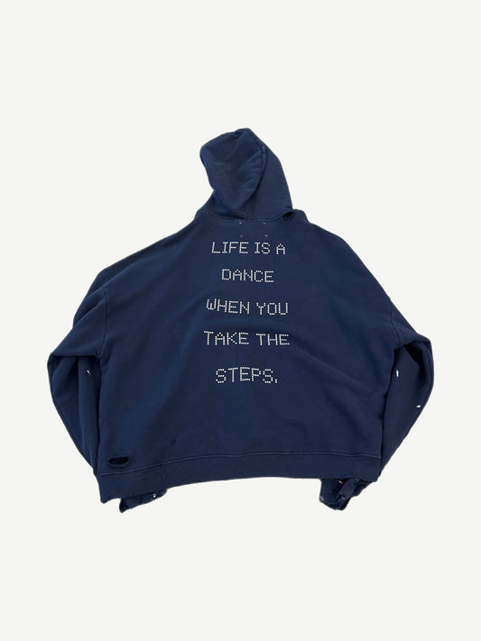 Paly Hollywood Treatment Center hoodie back in faded navy with studded Life Is A Dance When You Take The Steps text.