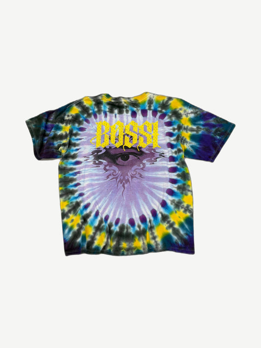 Bossi tie dye tee back with yellow Bossi gothic logo above purple all-seeing eye sun graphic