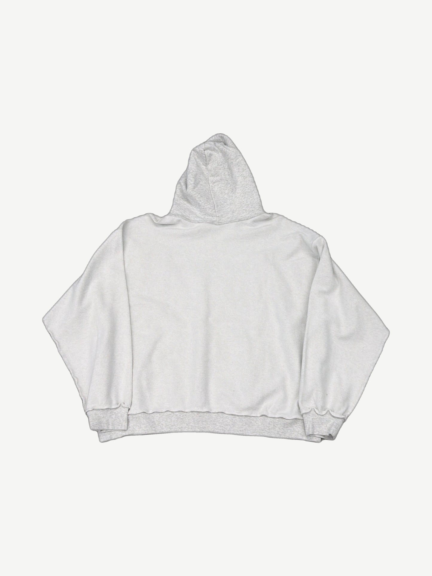 Back of Balenciaga light grey inside out hoodie showing oversized boxy fit and raw inverted seam detailing