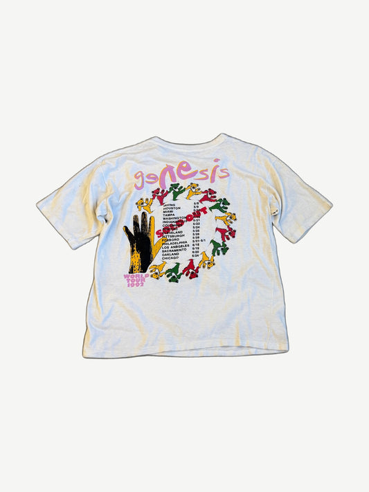 Vintage Genesis white tee back with hand graphic, circle of bears and 1992 World Tour Sold Out US city dates list.