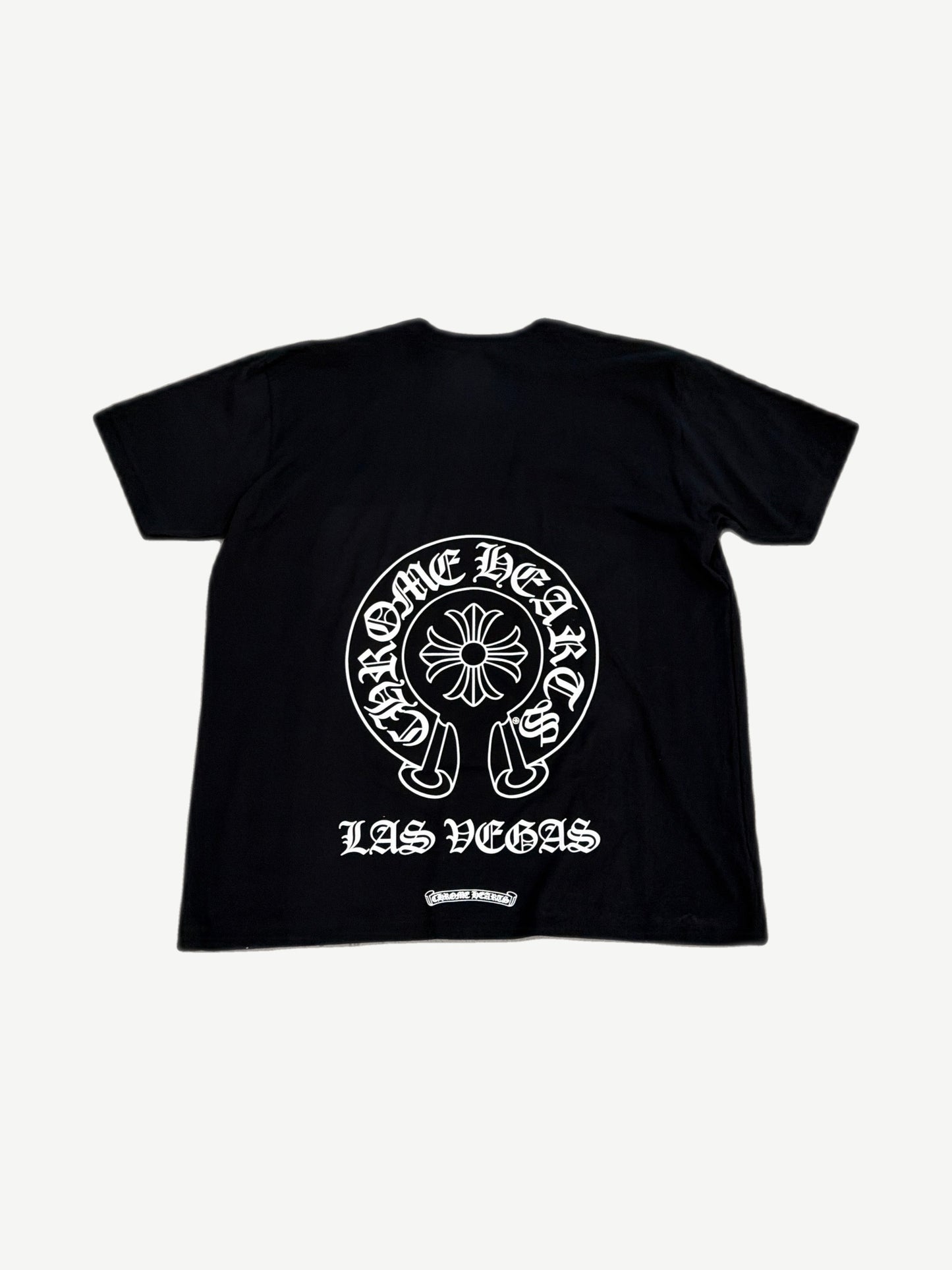 Chrome Hearts black Las Vegas tee back with large horseshoe cross and gothic Las Vegas print