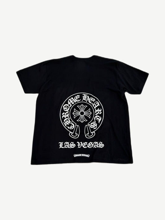 Chrome Hearts black Las Vegas tee back with large horseshoe cross and gothic Las Vegas print