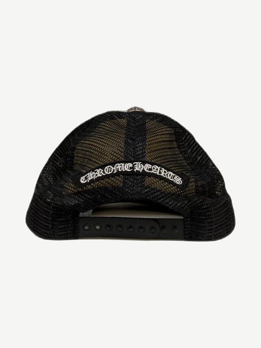 Back of Chrome Hearts black mesh trucker hat with gothic logo strap patch and adjustable snapback.