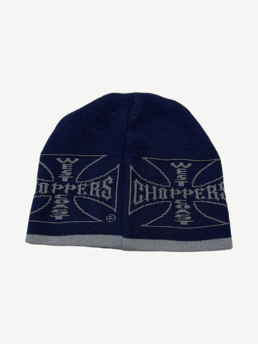 WCC navy beanie alternate angle, ribbed knit acrylic with flame-style WCC cross embroidery in royal blue.