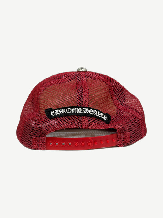Chrome Hearts red trucker hat back view with black Chrome Hearts gothic scroll patch on red mesh and snapback closure.