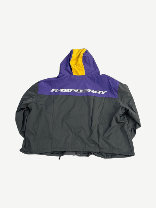 Raspberry Hills charcoal Shanghai rain jacket back with purple shoulder block and Raspberry text