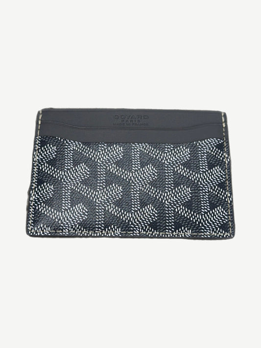 Goyard gray Saint Sulpice card holder open view showing interior card slots and chevron canvas lining